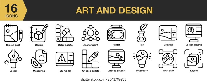 Conjunto de ícones Arte e Design. Inclui âncora, editor, gráfico, design de paleta e muito mais. Contornar coleção de vetores de ícones.