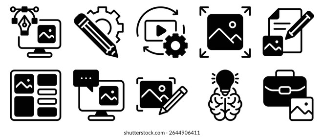 Art Design Icon Set Solid Style Collection representando criatividade expressão visual e conceitos artísticos adequados para projetos de design plataformas criativas e recursos educacionais