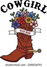 Art, design, illustration for shirt printing wild west style. 
Flowers inside cowgirl boot.