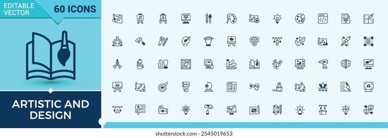 Art And Design line icons set. Related to printing, artwork, pencil, paint, graphic, designer, brain, pen. Simple line vector. Vector illustration.