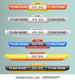 Art design lower thirds template. Scoreboard broadcast graphic and lower thirds template for sport soccer, football, basketball, futsal. Sport score board with time and result display. Vector.