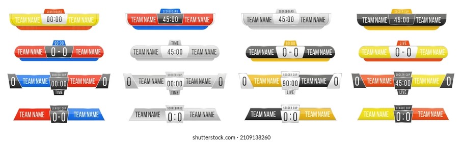 Art design lower thirds template. Scoreboard broadcast graphic and lower thirds template for sport soccer, football, basketball, futsal. Sport score board with time and result display. Vector.