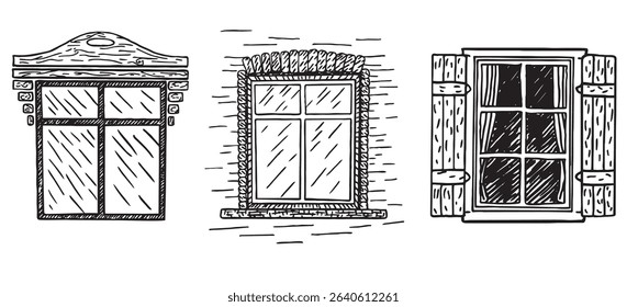 Art design of old windows set. Closed window isolated on white background. Wooden frame. Window of a country house. Vector hand drawn sketch illustration.