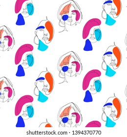 	
Art design with one line woman portrait in abstract trendy style. Hand drawn vector illustration. 