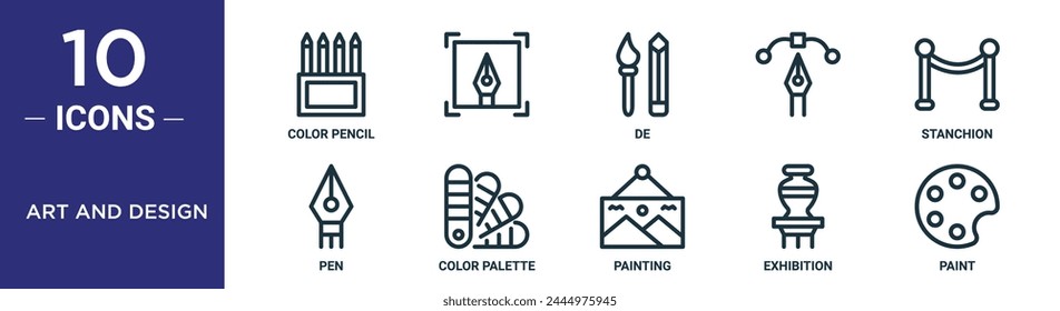 art and design outline icon set includes thin line color pencil,  , de,  stanchion, pen, color palette icons for report, presentation, diagram, web