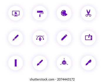art and design purple color vector icons on light round buttons with purple shadow. art and design icon set for web, mobile apps, ui design and print
