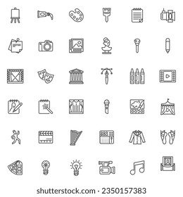 Art and design related line icons set. linear style symbols collection, outline signs pack. Art gallery vector graphics. Set includes icons as museum sculpture, entertainment, theater, music, cinema