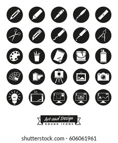 Art and design round icon vector set. Collection of 25 circular creative tools symbols, negative in black ellipses