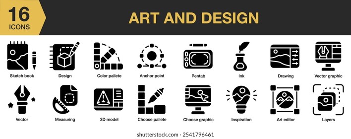 Conjunto de ícone sólido Arte e design. Inclui âncora, editor, gráfico, design de paleta e muito mais. Coleção vetorial de ícones sólidos.