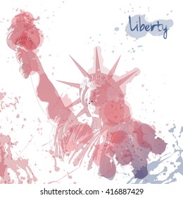 Art design of Statue of Liberty, ink and watercolor painting. Design for fourth july celebration USA. American symbol.