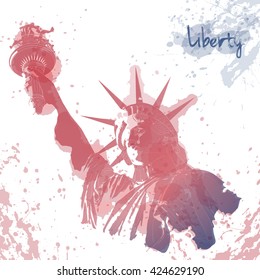 Art design of Statue of Liberty, ink and watercolor painting. Design for fourth July celebration USA. American symbol.