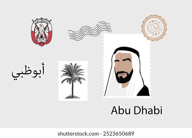 design de arte da coleção de adesivos sobre Abu Dhabi nos EAU escrito em árabe e tradução em inglês: Abu Dhabi - feito nos EAU 