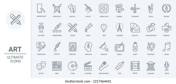 Art design thin black line icons set vector illustration. Abstract outline symbols of modern artists portfolio, education tools and graphic technology for creative photography, painting and music