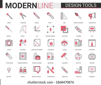 Art Design Tool Flat Thin Red Black Line Icons Vector Illustration Set, Outline Professional Creative Artistic Studio Items Collection Of Designer Pictogram Process Equipment, Interior Repair Supplies