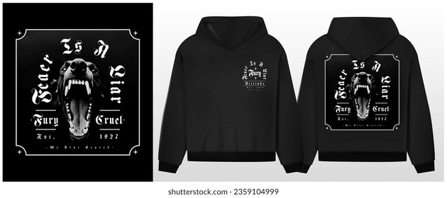 Art design of urban aggressive dog, black hoodie and template. 'fear is a liar' message, black and gray, dog illustration, gothic font. Capture the essence of the urban print
