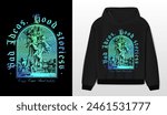 Art design of urban featuring an illustrated angels, victorian illustration. Gothic font texts add an authentic urban, angels and devil, black hoodie. Perfect for clothing patterns seeking