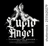 Art design of urban featuring an illustrated angel, cupid angel, victorian illustration. Gothic font texts add an authentic urban, Perfect for clothing patterns seeking