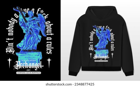 Art design of urban featuring an illustrated sculpture in 8-bit, in psychedelic blue hues. Gothic font texts add an authentic urban, black hoodie and template. Perfect for clothing patterns seeking