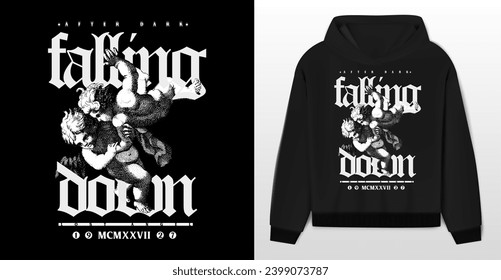 Art design of urban featuring an illustrated angels, victorian illustration. Gothic font texts add an authentic urban, black hoodie and template. Perfect for clothing patterns seeking