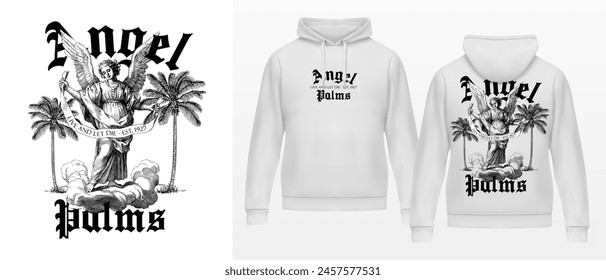 Art design of urban featuring an illustrated angel and palms, victorian illustration. Gothic font texts add an authentic urban, white hoodie and template. Perfect for clothing patterns seeking