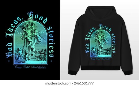 Art design of urban featuring an illustrated angels, victorian illustration. Gothic font texts add an authentic urban, angels and devil, black hoodie. Perfect for clothing patterns seeking