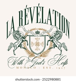 Art design of urban featuring an illustrated horse and shield, victorian illustration. la revelation font texts add an authentic urban, france design. Perfect for clothing patterns seeking