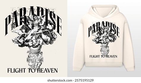 Art design of urban featuring an illustrated angels, victorian illustration. Gothic font texts add an authentic urban, white hoodie and template. Perfect for clothing patterns seeking