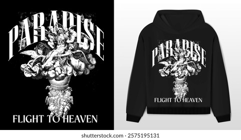 Art design of urban featuring an illustrated angels, victorian illustration. Gothic font texts add an authentic urban, white hoodie and template. Perfect for clothing patterns seeking