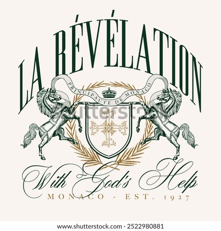 Art design of urban featuring an illustrated horse and shield, victorian illustration. la revelation font texts add an authentic urban, france design. Perfect for clothing patterns seeking