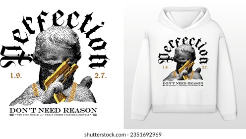 Art design of urban fusion, white hoodie and template, urban design that blends contrasting elements in 8-bit, baby angel sculpture with a bandana and gold chain. text Gothic font, gang art