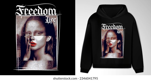 Art design of urban of the iconic Mona Lisa bitmap, black hoodie and template. vibrant red lips and pixel art-inspired illustrations, This Freedom Life design merges classical art with modern elements