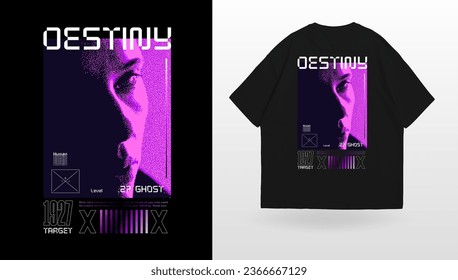 Art design of urban and retro-futuristic fusion, black oversize and template. futuristic text message in vibrant tones, with pixel art illustration woman in violet. essence of the human and futurist