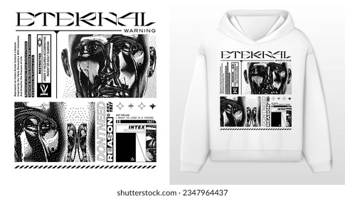 Art design of urban and retro-futuristic with an illustrated sculpture in 8 bits, white hoodie and template. Minimalist texts in futuristic fonts in black and white.