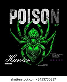 Art design of urban spider. 'poison' message, black and green, spider illustration. Capture the essence of the urban print