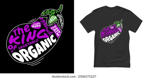 Art design with words forming images of eggplant vegetables, vector t-shirt designs, with images of vegetables