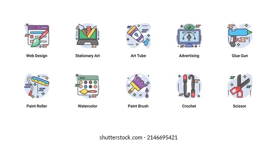 Art  Designing, drawing and web, and graphic design icons set. flat Filled Outline vector illustration.