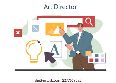 Art director. Artistic leader working on media content. Creative process, digital drawing and design for product promotion. Flat illustration vector