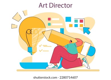 Art director. Artistic leader working on media content. Creative process, digital drawing and design for product promotion. Flat illustration vector