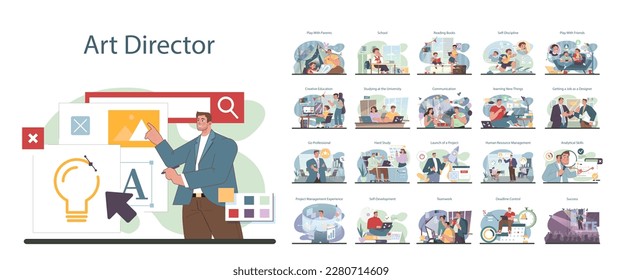 Art director career development set. Education, professional competences and soft skills growth. New projects implemetation, hard working towards success. Flat vector illustration