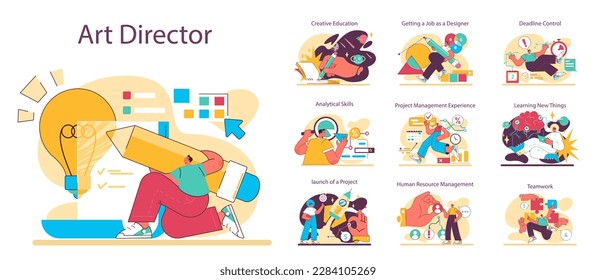 Art director career development set. Education, professional competences and soft skills growth. New projects implemetation, hard working towards success. Flat vector illustration