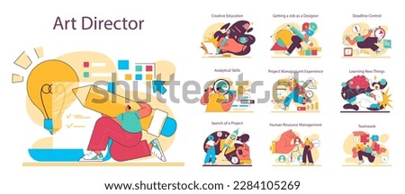 Art director career development set. Education, professional competences and soft skills growth. New projects implemetation, hard working towards success. Flat vector illustration