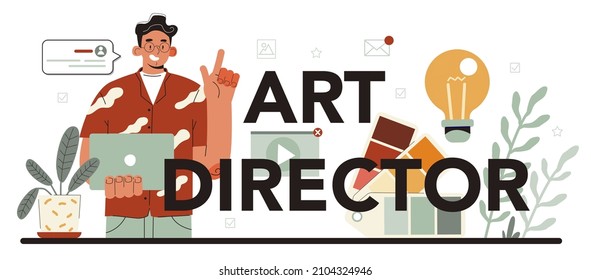 Art Director Typographic Header. Designer Working On Media Content. Creative Process, Digital Drawing And Design For Product Promotion. Flat Illustration Vector