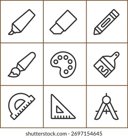 Art and drafting tools simple outline icons grid concept.
