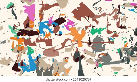 Dibujo de arte con pinceladas abstractas, derrames de pintura colorida. Fondo con garabatos de patrón desordenado,