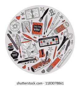 Art and drawing accessories round vector card. Doodle color drawing supplies for school and office with pen, pencil, ink, paintbrush, sketchbook, and others.