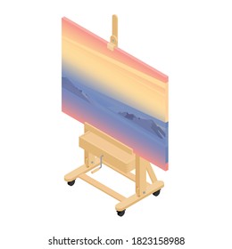Art drawing class concept. Paint desk easel with sunset and mountains painting. Vector. Isometric view.