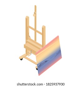 Concepto de clase de dibujo artístico. El mostrador de pintura de la orilla con puesta de sol y pintura de las montañas. Vector. Vista isométrica.