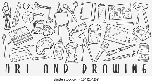 Art and Drawing Doodle Line Art Illustration. Hand Drawn Vector Clip Art. Banner Set Logos.