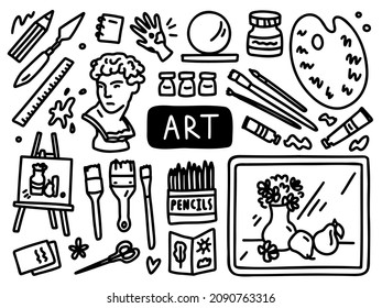 Art drawing doodle line set school university. Outline subject. Vector illustration