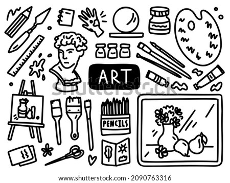 Art drawing doodle line set school university. Outline subject. Vector illustration